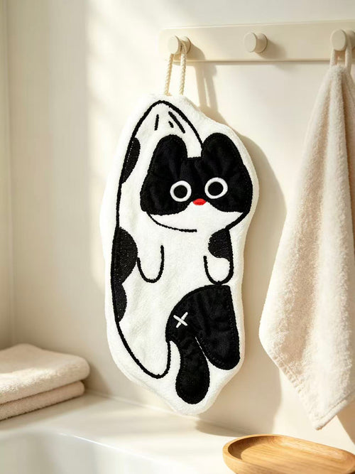 Towique Cat Shape Hand Towel – Quick-Dry Coral Fleece with Hanging Loop