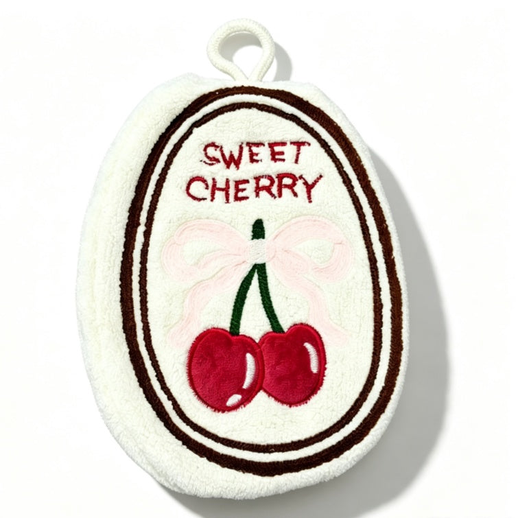 Towique Embroidered Cherry Oval Hand Towel – Absorbent Coral Fleece Kitchen Decor