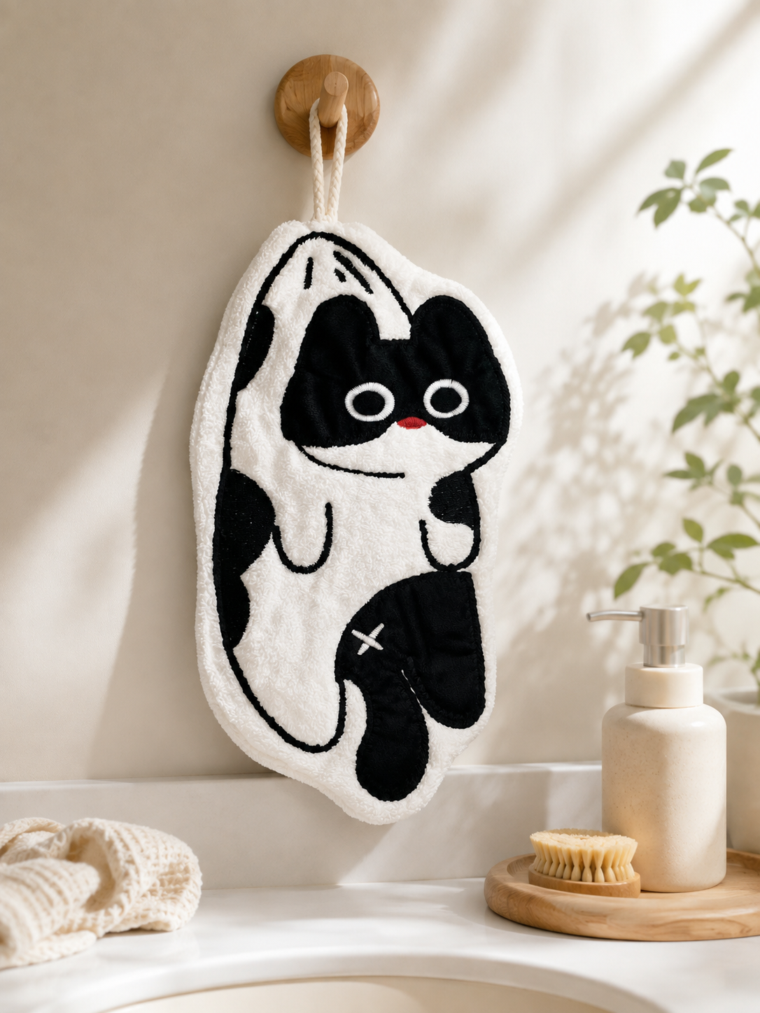 Towique Cat Shape Hand Towel – Quick-Dry Coral Fleece with Hanging Loop