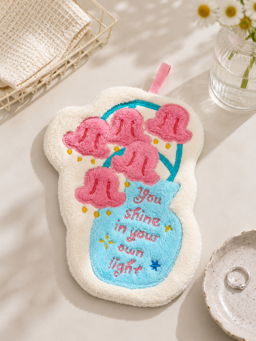 Towique Flower Vase Shape Hand Towel – Absorbent Coral Fleece with Hanging Loop