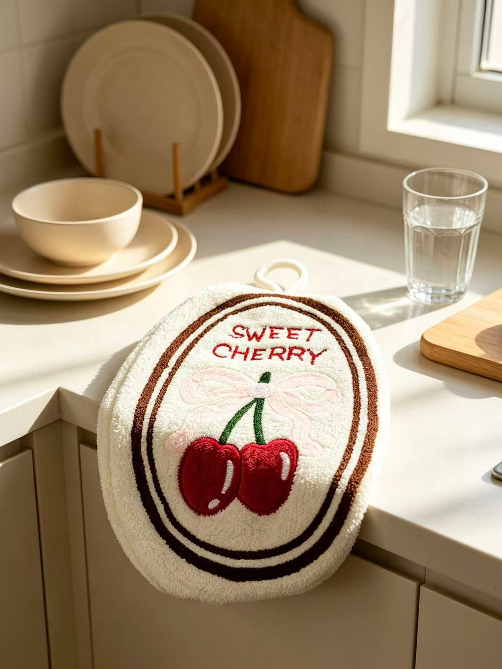 Towique Embroidered Cherry Oval Hand Towel – Absorbent Coral Fleece Kitchen Decor