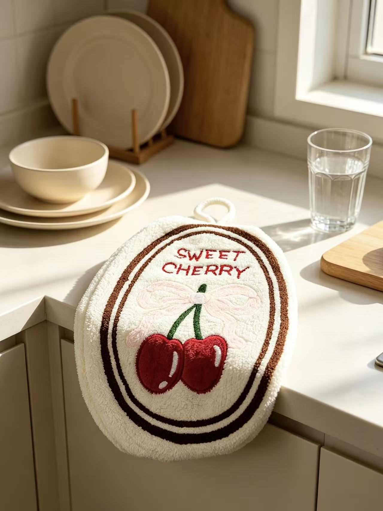 Towique Embroidered Cherry Oval Hand Towel – Absorbent Coral Fleece Kitchen Decor