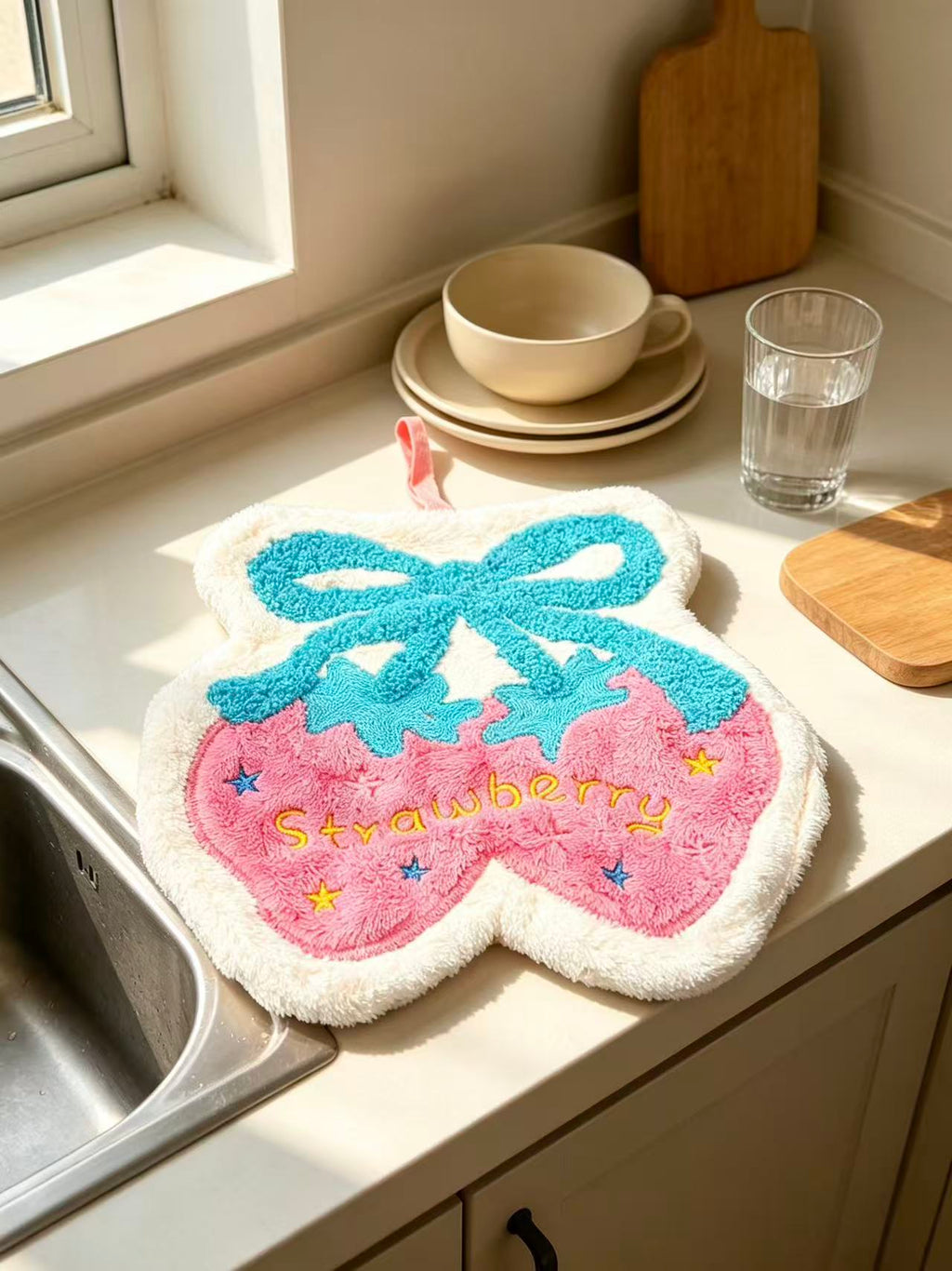 Towique Strawberry Shape Hand Towel – Soft Coral Fleece Kitchen & Bath Decor