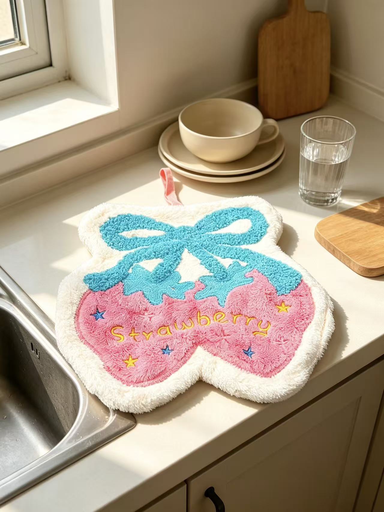 Towique Strawberry Shape Hand Towel – Soft Coral Fleece Kitchen & Bath Decor
